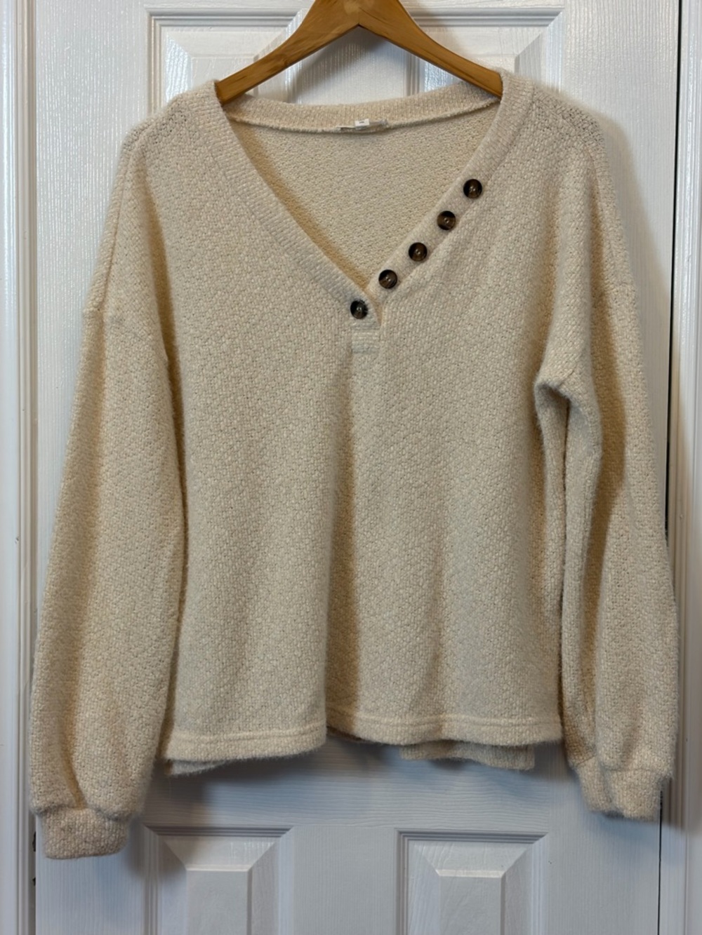 Cozy Cream V-Neck Button Accent Sweater - Women
